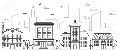 Outline drawing depicts a varied city streetscape featuring classical and modern buildings beneath a stylized skyline.