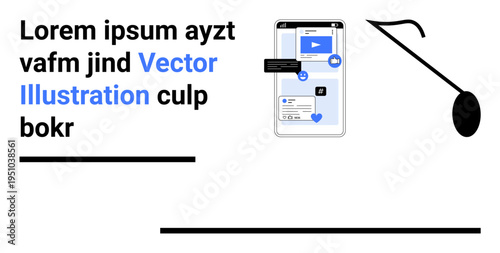 Social media, online interaction, user engagement, mobile technology, communication, content sharing. Smartphone with social app interface and multimedia icons. Social media and online interaction