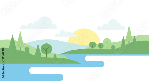 Serene landscape illustration with rolling green hills, a winding river, and a bright sun rising over distant mountains.