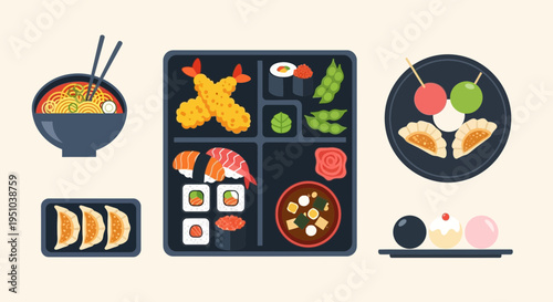 A vibrant and detailed illustration showcasing a variety of delicious Japanese cuisine, including sushi, tempura, dumplings, and soup.