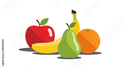 A vibrant illustration of a collection of fresh, ripe fruits including an apple, pear, banana, and orange, artfully arranged on a white background.