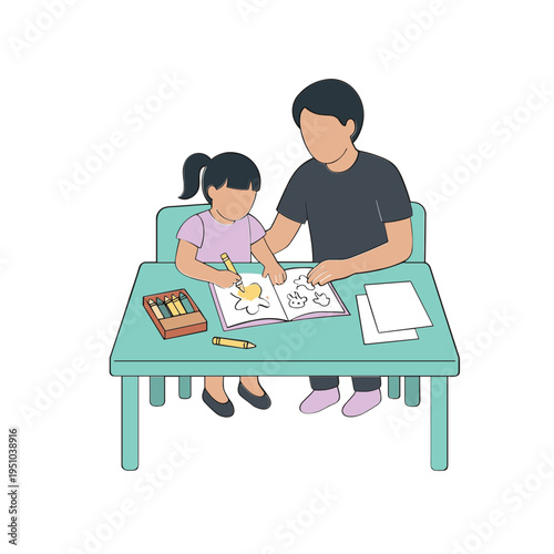 Father teaches daughter drawing on paper at home table