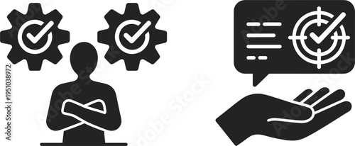Business management and project success icons with gears, target, check marks, and vector person illustration