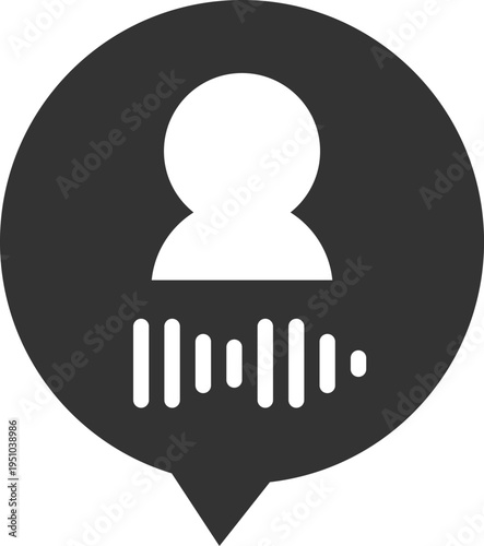 Minimalist vector icon representing voice communication and user interaction, featuring a human avatar combined with an audio waveform inside a speech bubble.