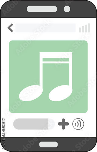 Vector illustration of a smartphone music player interface featuring a large musical note icon on the screen. The design includes playback controls, volume adjustment, and a clean modern UI layout.