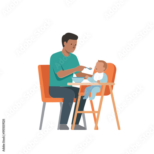Father feeding baby in high chair at home with love