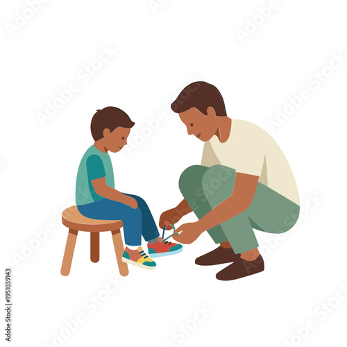 A man helps a boy tie his shoelaces on a stool indoors.