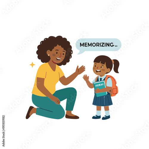 A woman teaches a schoolgirl with a backpack and book while kneeling on the ground.