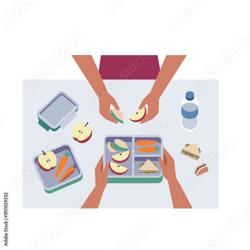 Two people sharing a meal with apples, sandwiches, carrot sticks, and water bottles on a table indoors.