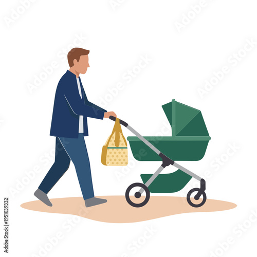 A man pushing a green baby stroller with a bag on a sidewalk