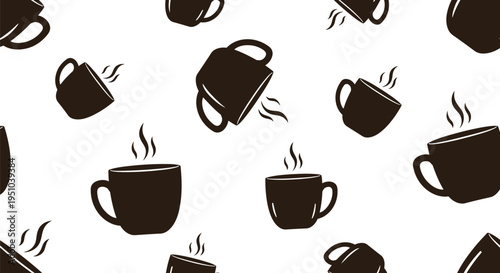 Seamless Coffee Cup Vector Pattern with Steaming Mugs on White Background