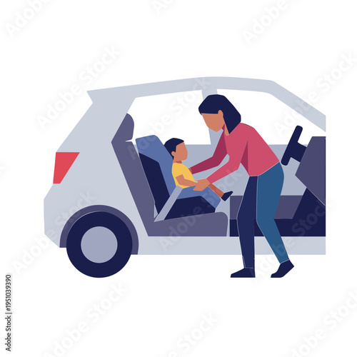 Woman helping child buckle up in a car seat inside a vehicle