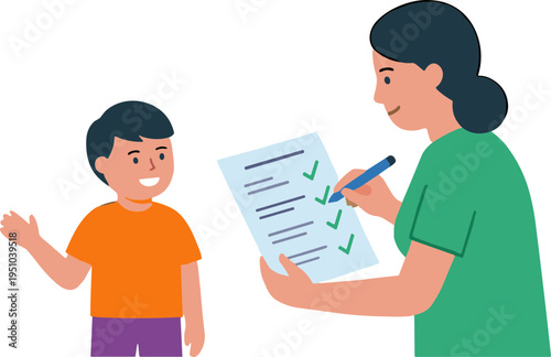 A woman reviews a document with a boy who appears to be explaining something.