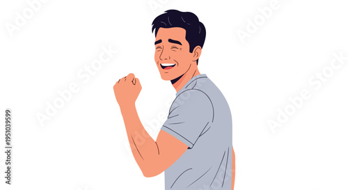 Smiling young man with short black hair wearing a light blue shirt and making a fist in a celebratory gesture against a plain white background.