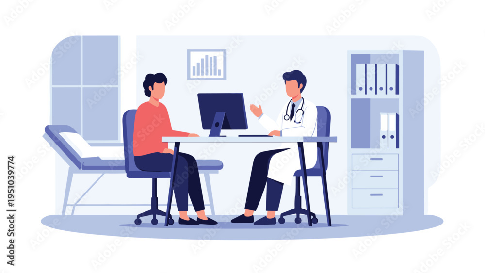 Fototapeta premium Doctor and patient discuss medical results during consultation in modern office with computer and medical charts present.
