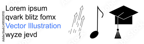 Education, music, learning, achievement, motivation, creativity. A graduates hat, musical note and ascending arrows growth. Education and music concepts