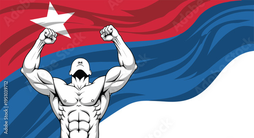 Strong muscular man with raised fists standing in front of a waving red and blue flag with a white star for national pride.