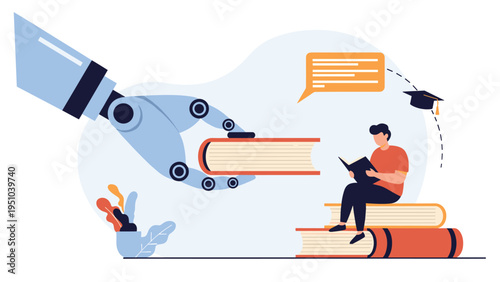 Advanced robotic hand offers book to student sitting on stack of books representing technology in modern education system.