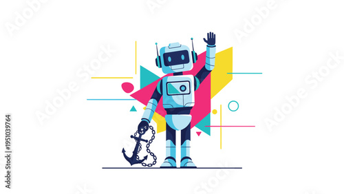Friendly white robot waves with one hand while holding heavy anchor in the other hand against colorful geometric background.