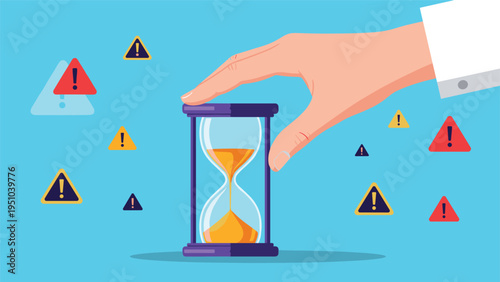 Human hand reaches out to touch hourglass surrounded by many alert icons and warning triangles representing time pressure.