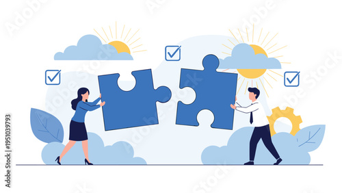 Man and woman collaborate to connect two giant blue puzzle pieces under sunny sky representing teamwork and solving problems.