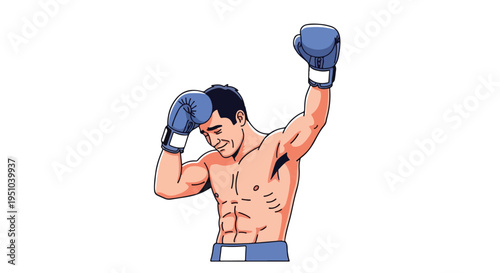 Illustration of a muscular shirtless boxer with blue gloves celebrating with arms raised in a victorious pose against a white background.