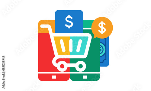 An illustration depicting mobile e-commerce with a shopping cart overlaying three smartphones, featuring dollar signs indicating online transactions and digital payments.