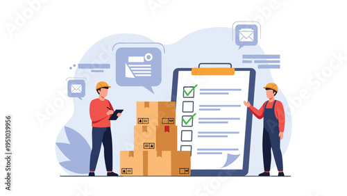 Warehouse workers or logistics staff in safety gear examining a large digital checklist next to a tall stack of brown cardboard shipping boxes.
