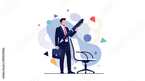 Business professional man in a suit holding a massive blue pen next to a white office chair against a backdrop of abstract colorful shapes.