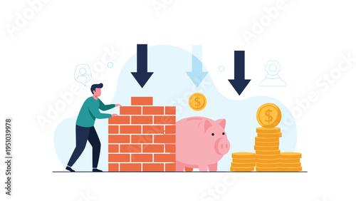 Determined man building a solid brick wall alongside a piggy bank and coins to represent financial security and long-term saving goals.