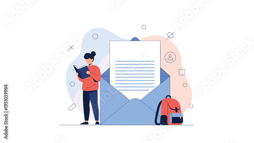Young woman reading a book beside a giant open envelope containing a letter, representing school acceptance and educational news.