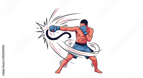 Illustration of a muscular man in blue boxing gear throwing a punch with motion lines on a white background.