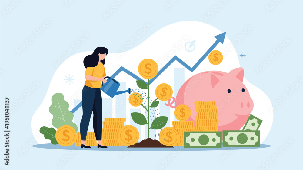 Naklejka premium Businesswoman watering financial growth plant surrounded by coins and piggy bank against backdrop of rising market graph.