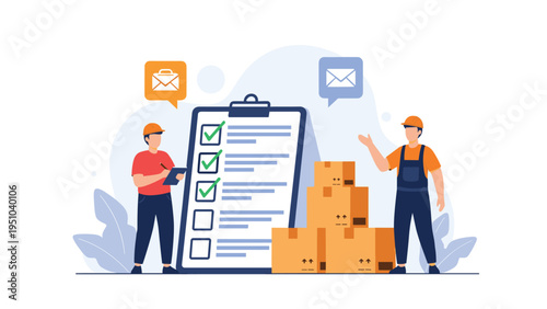 Team of logistics workers checking an inventory list on a giant clipboard beside stacked boxes, illustrating efficient warehouse management.