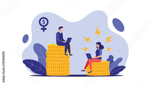 Man and woman sitting on uneven stacks of coins, representing the gender pay gap and professional financial inequality.