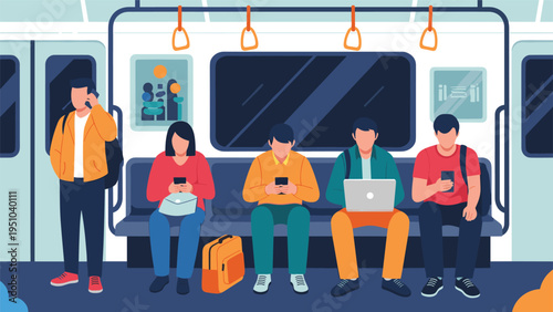 Group of diverse commuters using smartphones and laptops while riding on a subway train, depicting modern digital lifestyles.