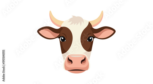 Realistic illustration of a brown and white cow head looking forward against a plain white background for agricultural use.