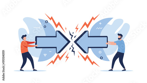 Two businessmen pushing large opposing arrows towards each other representing strong competition and professional conflict.