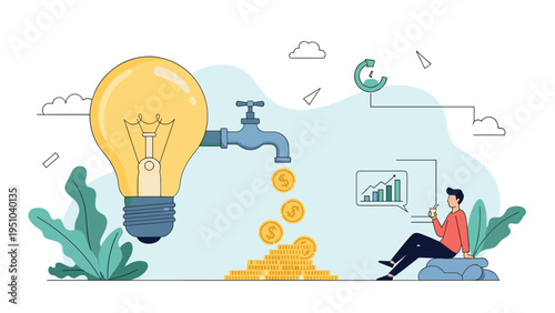 Creative idea generation through lightbulb faucet dripping gold coins monitored by professional man analyzing data results.