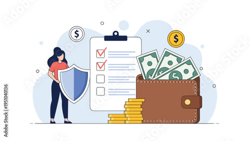 Woman holding a protective shield next to a wallet full of cash and a checklist, symbolizing personal financial security and insurance.