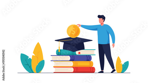 Man investing in future career success by placing large gold coin into graduation cap resting on stack of academic books.