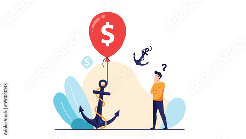 Person analyzing red dollar sign balloon anchored to ground representing economic inflation pressure and financial stability.