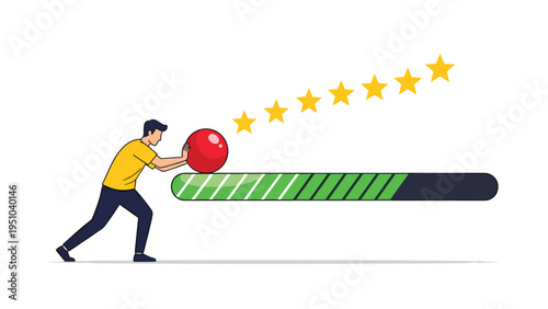 Dedicated man pushing red sphere along green progress bar towards five stars to achieve maximum performance and success.