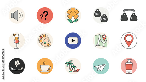 Collection of colorful miscellaneous lifestyle icons representing diverse interests from fitness and travel to art and media.