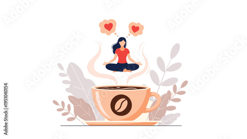 Woman practicing meditation and mindfulness above giant cup of hot coffee representing morning wellness and self-care routine.