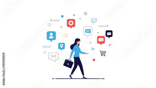 Modern businesswoman with briefcase walking amidst various digital icons signifying multitasking and mobile connectivity.