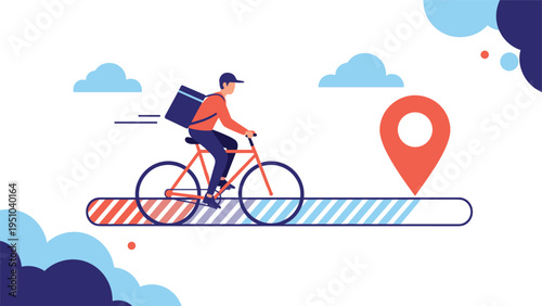 Courier on bicycle traveling along colorful progress bar towards destination pin representing fast food and mail delivery.
