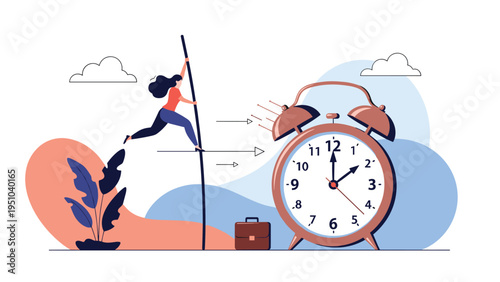Professional woman using pole vault to reach target above giant alarm clock representing time management and deadline goals.
