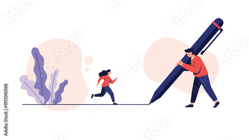 Professional businesswoman drawing strategic path with large pen for running colleague representing support and shared goals.