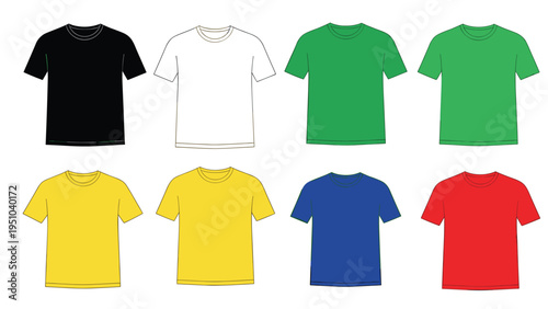 Set of colorful blank t-shirts displayed in two rows featuring essential fashion basics for custom apparel and retail.